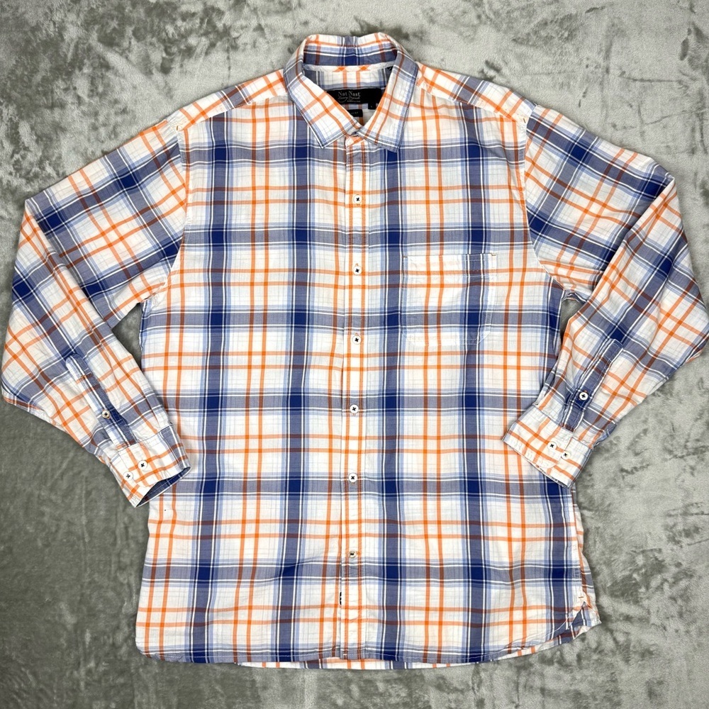 Nat Nast Long Sleeve Shirt American Fit Orange Blue Plaid Lightweight Large
